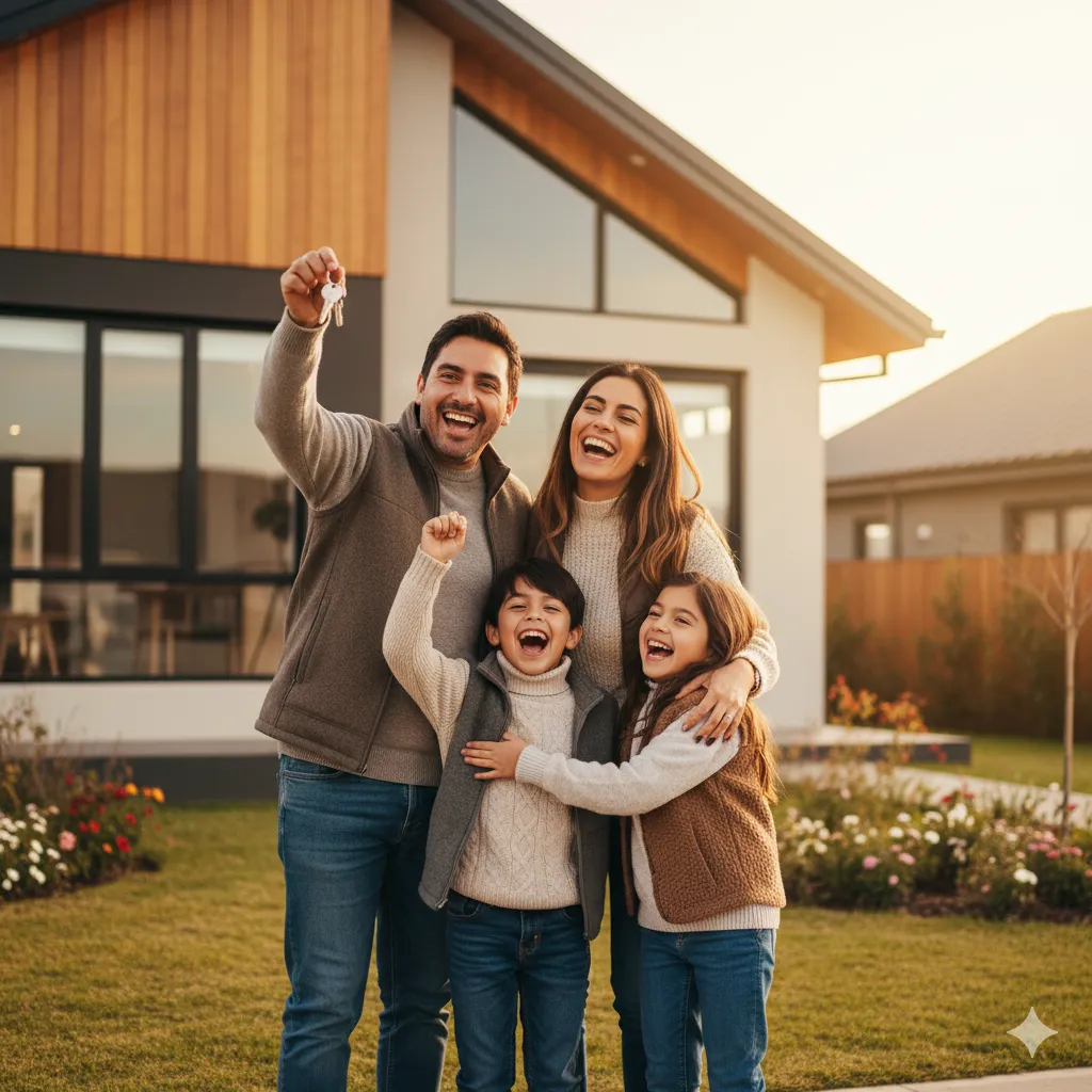 Familia feliz frente a su nueva casa comprada en Los Ángeles.